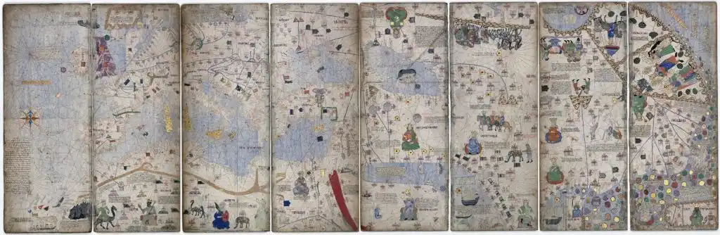 Ο καταλανικός Άτλας του Abraham Cresques (1375), ζωγραφιστά φύλλα γεμάτα μορφές και πόλεις