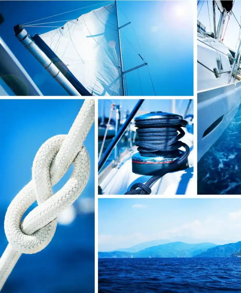 Collage of sailing details: sails, a rope knot, a winch and the open sea