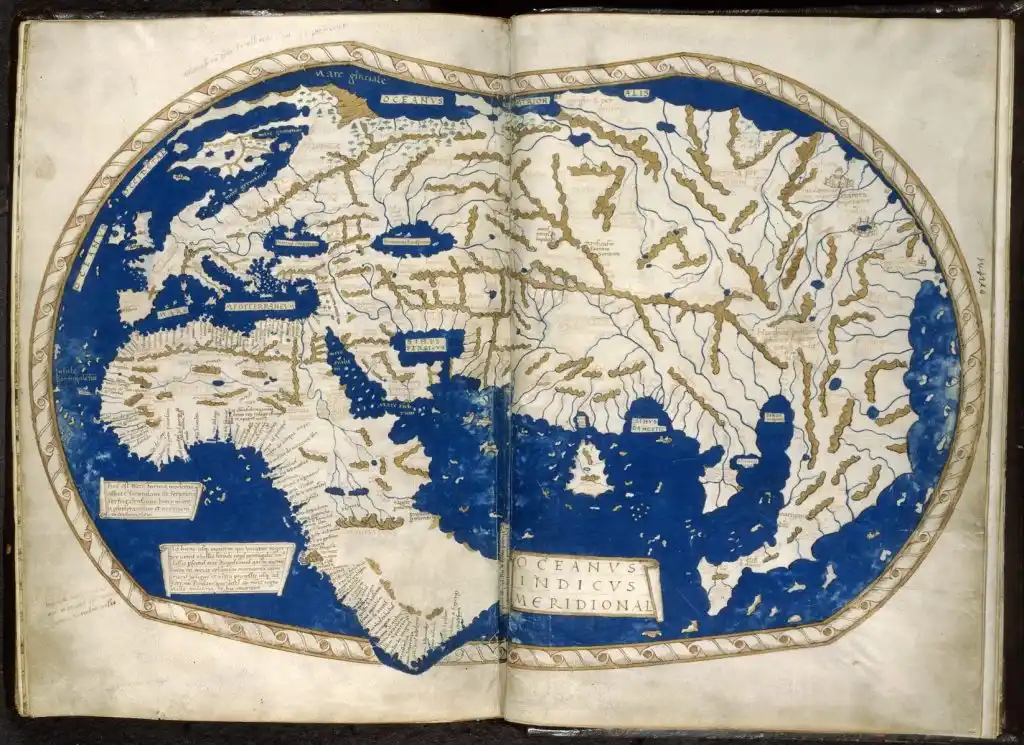 Ο παγκόσμιος χάρτης του Henricus Martellus (1489) σε ανοιχτό χειρόγραφο βιβλίο