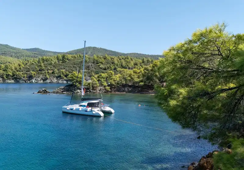 Καταμαράν στην άγκυρα σε ήσυχο όρμο της Αγίας Κυριακής, ανάμεσα σε κλαδιά πεύκου