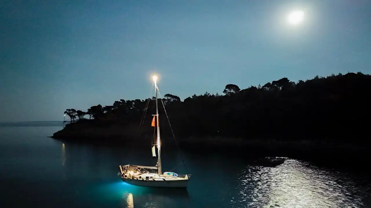 Sailing yacht lit at night under a full moon in a bay on Alonnisos