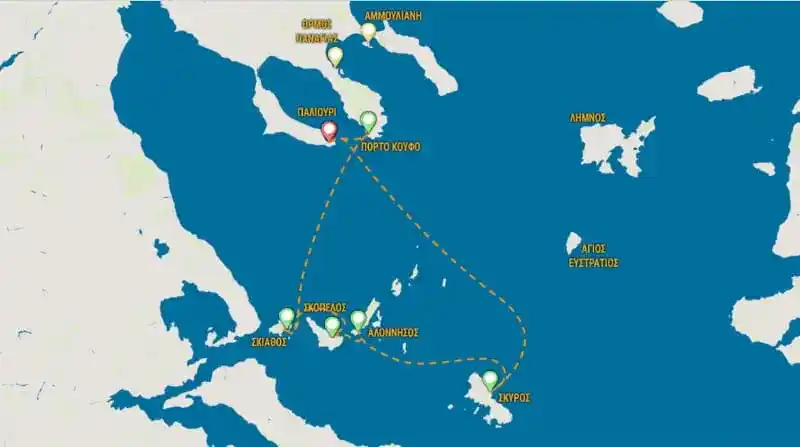 Χάρτης διαδρομής από το Παλιούρι και το Πόρτο Κουφό στη Σκιάθο, τη Σκόπελο, την Αλόννησο και τη Σκύρο