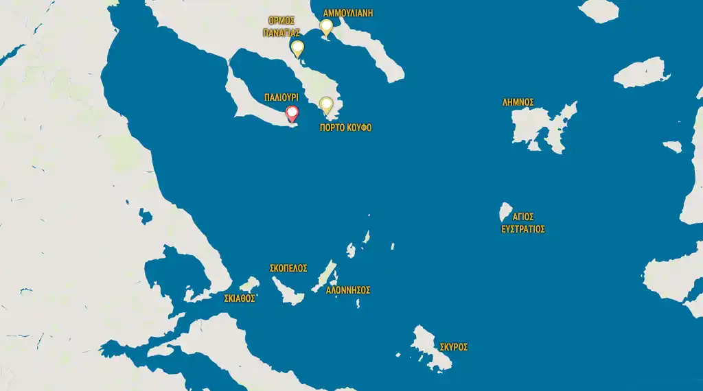 Χάρτης του Βορείου Αιγαίου από τη Χαλκιδική ως τη Λήμνο και τη Σκύρο, με σημάδια στο Παλιούρι, το Πόρτο Κουφό, τον Όρμο Παναγίας και την Αμμουλιανή