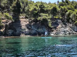 Κάποιος σε σανίδα SUP κι ένας κολυμβητής σε καθαρά νερά, κάτω από βραχώδη ακτή με πεύκα