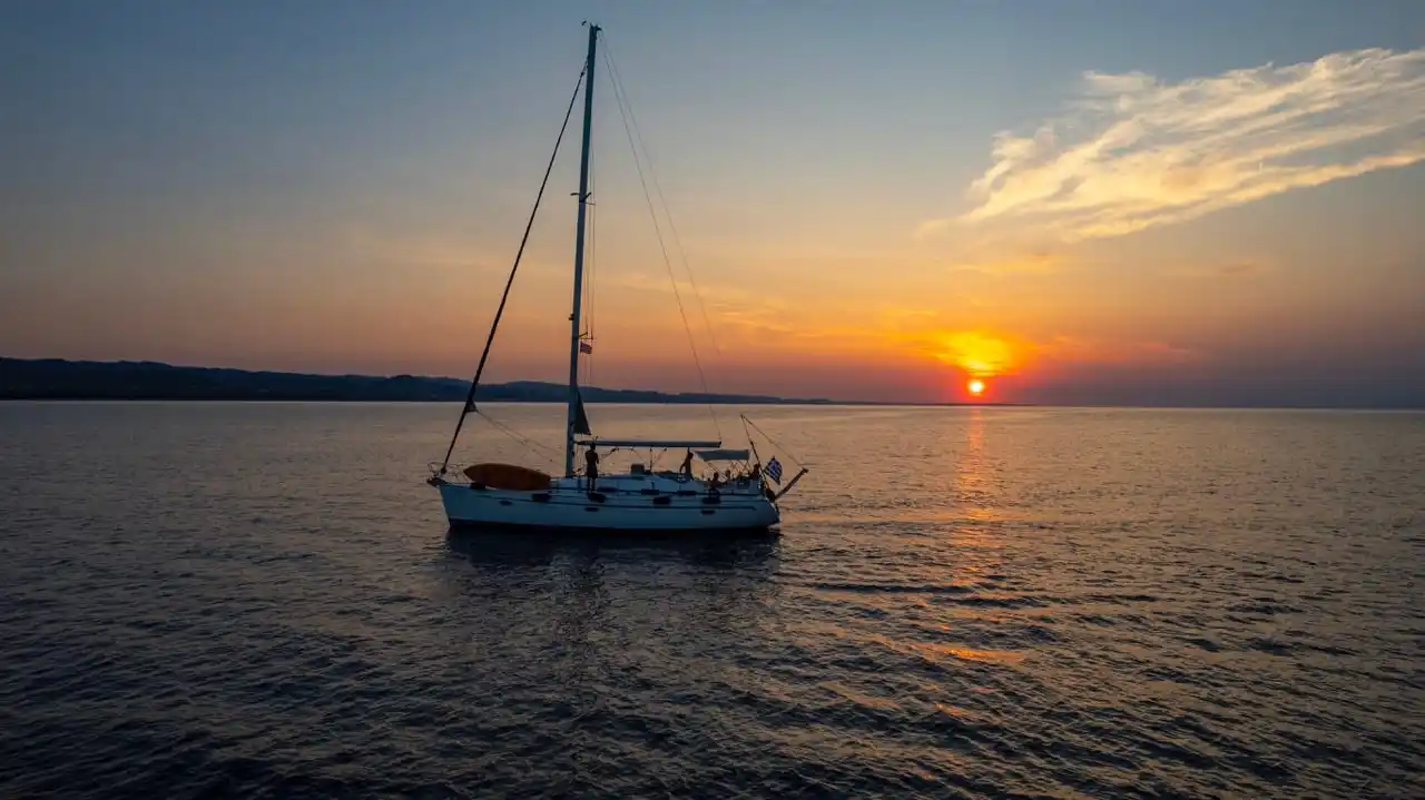 Sailing yacht at anchor off Kassandra at sunset, the sun sinking to the horizon