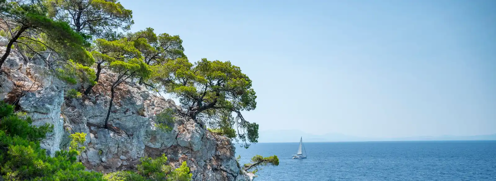 Πεύκα σε λευκό ασβεστολιθικό βράχο πάνω από καθαρό νερό, με ένα σκάφος μακριά στο πέλαγος