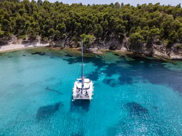 Catamaran anchored in a bay below pine forest near Porto Carras