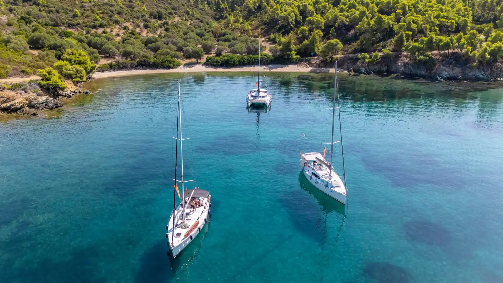 Δύο ιστιοπλοϊκά κι ένα καταμαράν σε τιρκουάζ όρμο κάτω από πεύκα, κοντά στο Πόρτο Καρράς