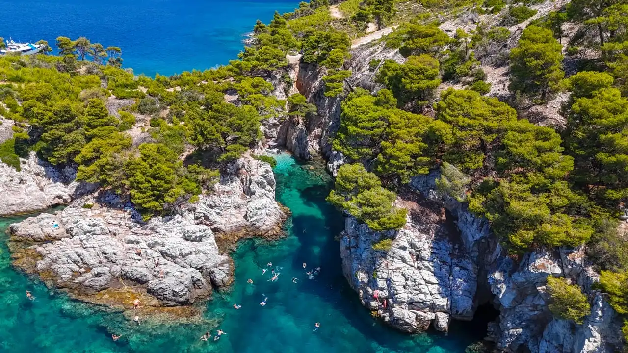 Swimmers in a turquoise inlet below white cliffs and pine forest on Skopelos