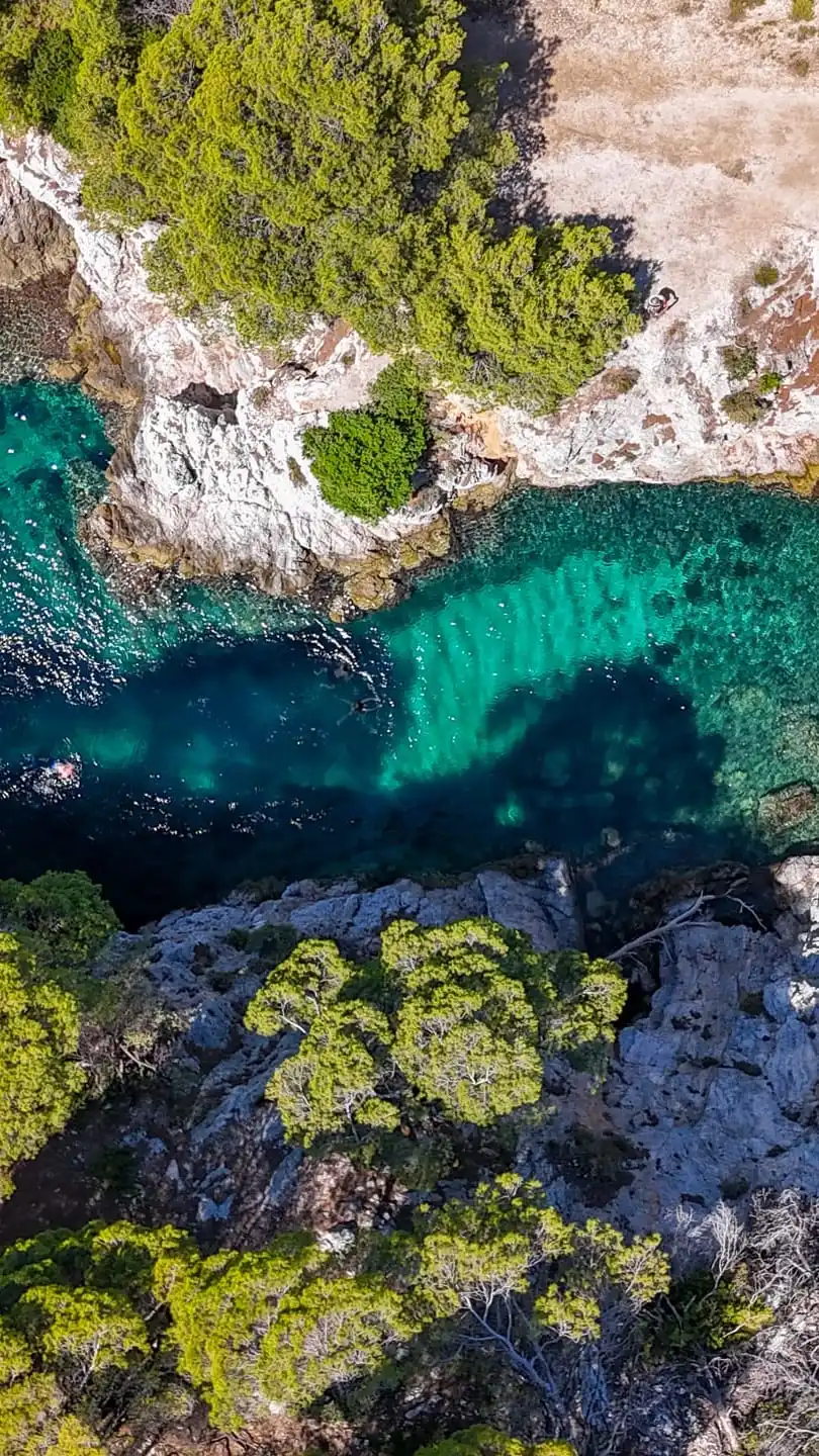 Τιρκουάζ όρμος ανάμεσα σε βράχια και πεύκα, από ψηλά, Σποράδες