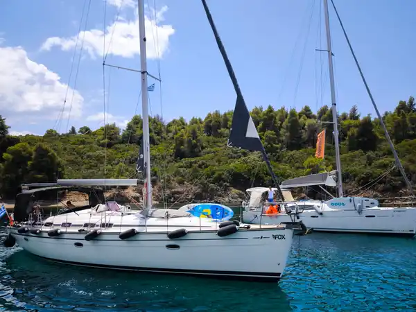 Two sailing yachts moored in clear water by a pine-covered shore